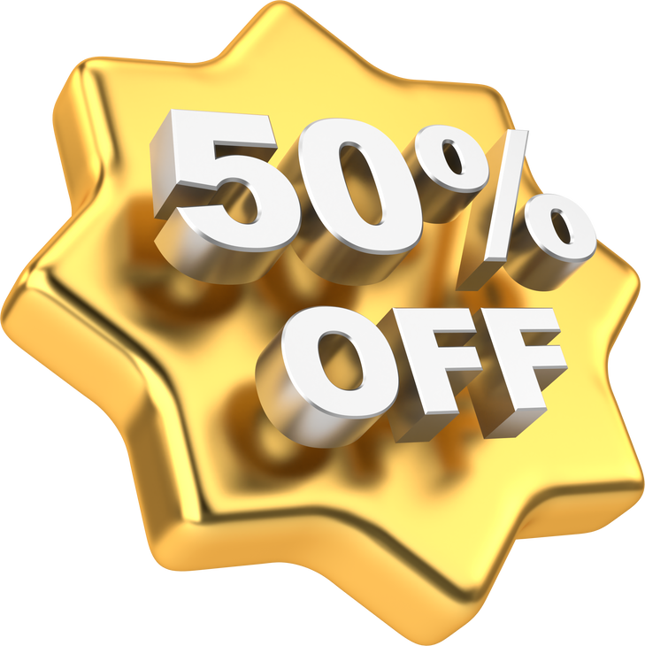 3D fifty percent off. 50% off. Golden sale badge.